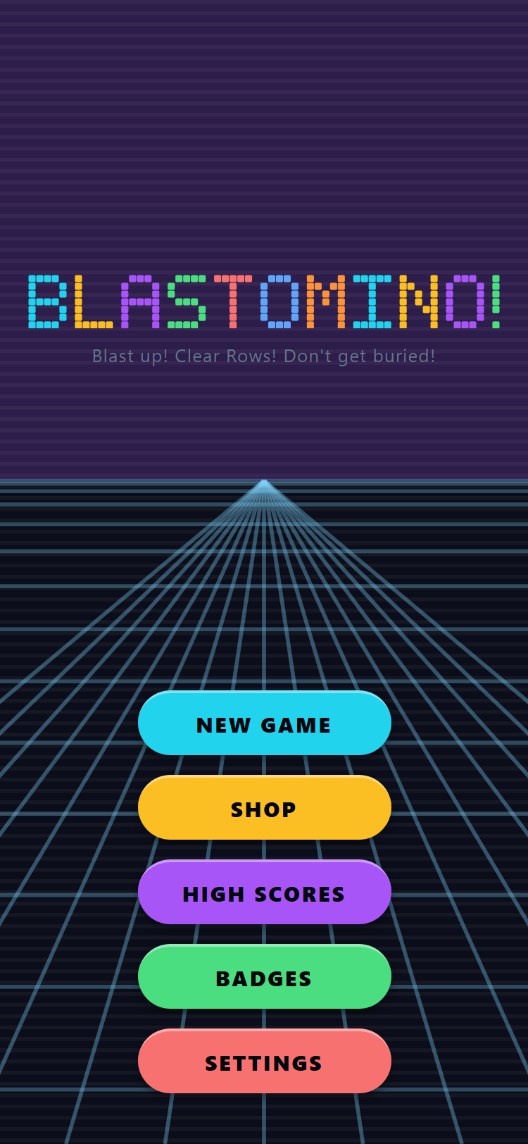 The Blastomino title screen: the name spelled out in coloured blocks above a neon perspective grid, with New Game, Shop, High Scores, Badges and Settings buttons.