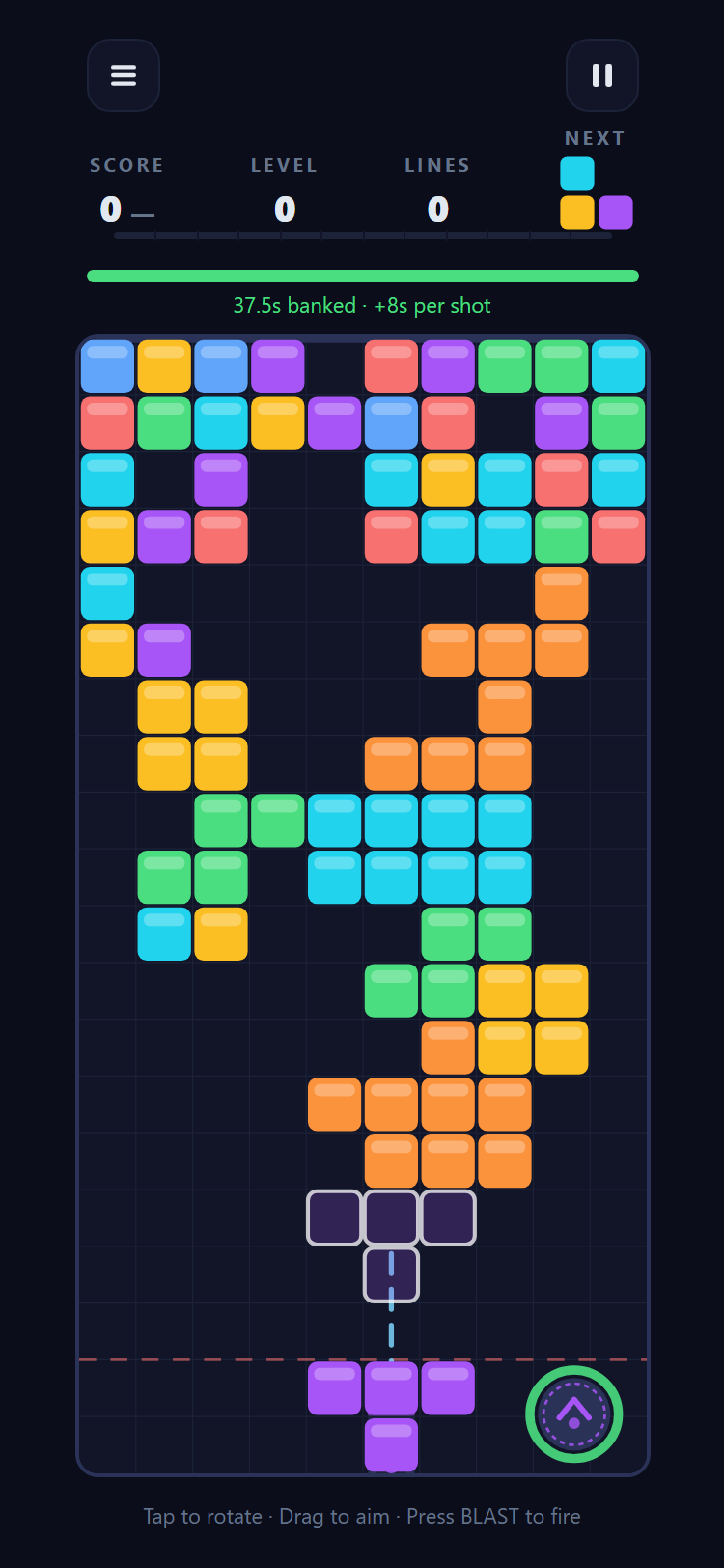 A run in progress: a mass of coloured blocks hangs from the ceiling and has grown most of the way down the board, with a dashed aim line running up from the launcher piece at the bottom.