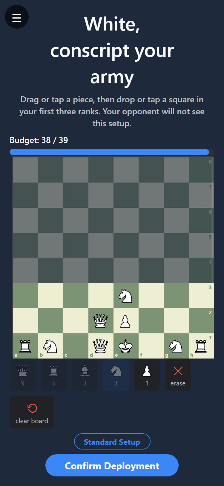 The conscription screen. A budget bar reads 38 of 39, with a piece tray below showing the cost of each piece: queen 9, rook 5, bishop 3, knight 3, pawn 1.
