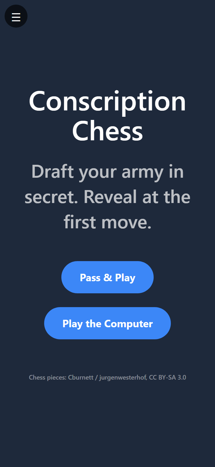 The Conscription Chess title screen, with Pass and Play and Play the Computer buttons.
