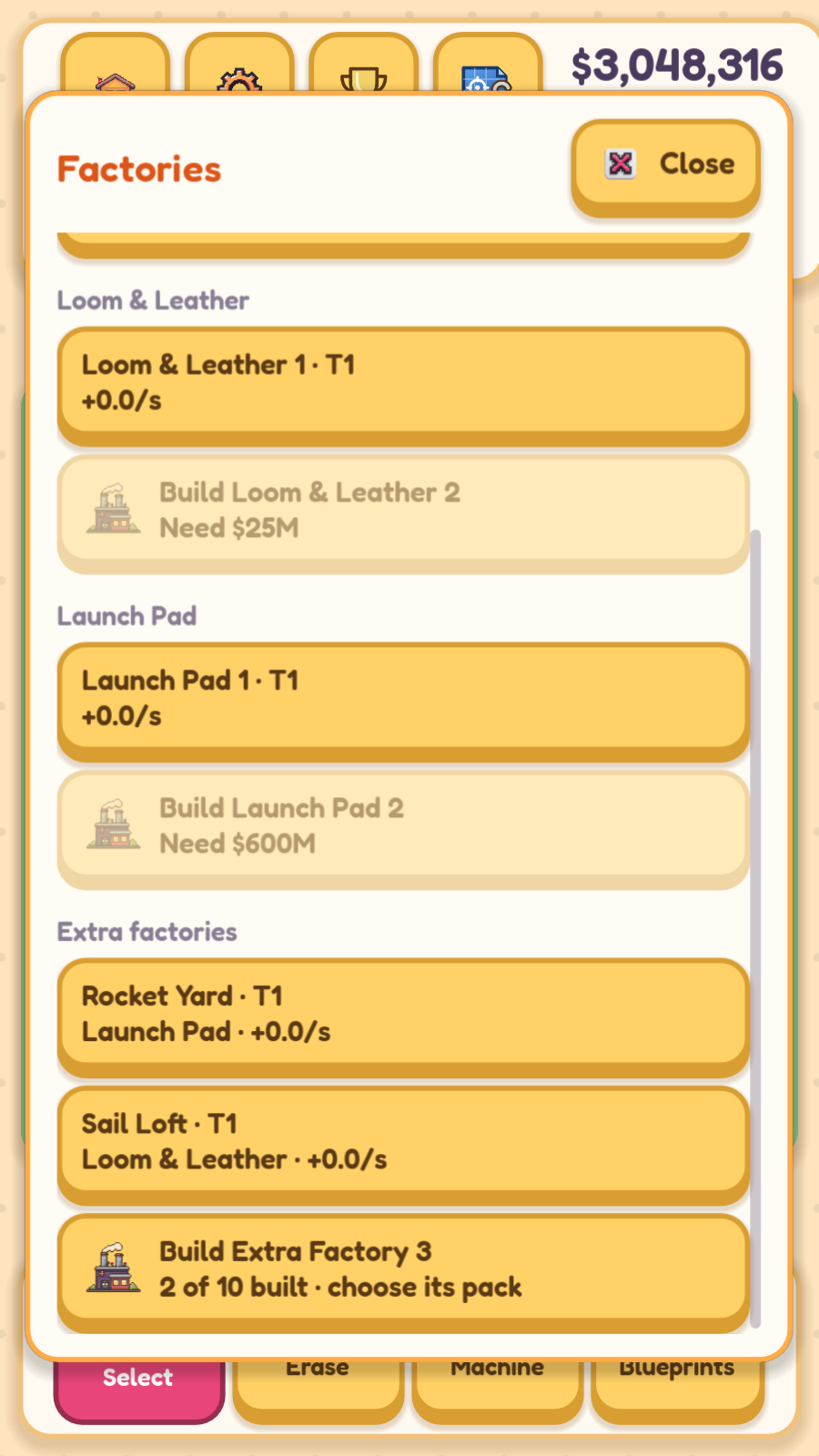 The factory list, grouped by pack: Loom & Leather and Launch Pad factories with Build rows, then Extra factories named Rocket Yard, running Launch Pad, and Sail Loft, running Loom & Leather, and a row to build Extra Factory 3 of 10.
