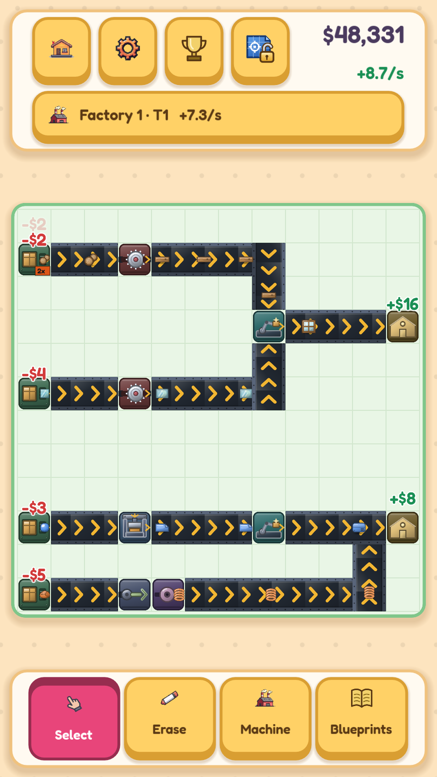 A 12 by 12 factory floor in the Toybox look. Conveyor belts carry wood, planks, glass panes and copper wire from Arrivals on the left edge through Cutters, a Press and two Assemblers to Hubs on the right edge. Red numbers such as minus $2 float over the Arrivals and green numbers such as plus $16 over the Hubs. The balance reads $48,331.