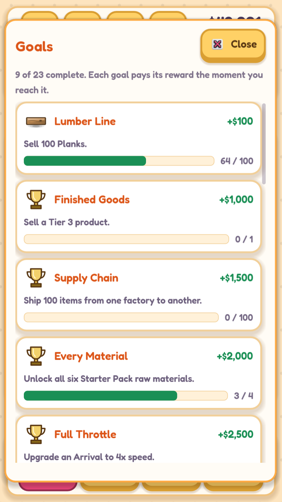 The Goals panel, 9 of 23 complete, listing Lumber Line at 64 of 100 planks sold, Finished Goods, Supply Chain, Every Material at 3 of 4 and Full Throttle, each with a coin reward.