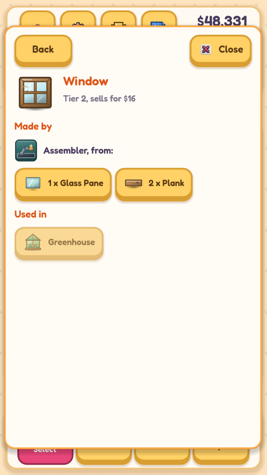 The Recipe Book open on the Window: a Tier 2 product that sells for $16, made by an Assembler from one Glass Pane and two Planks, and used in the Greenhouse.