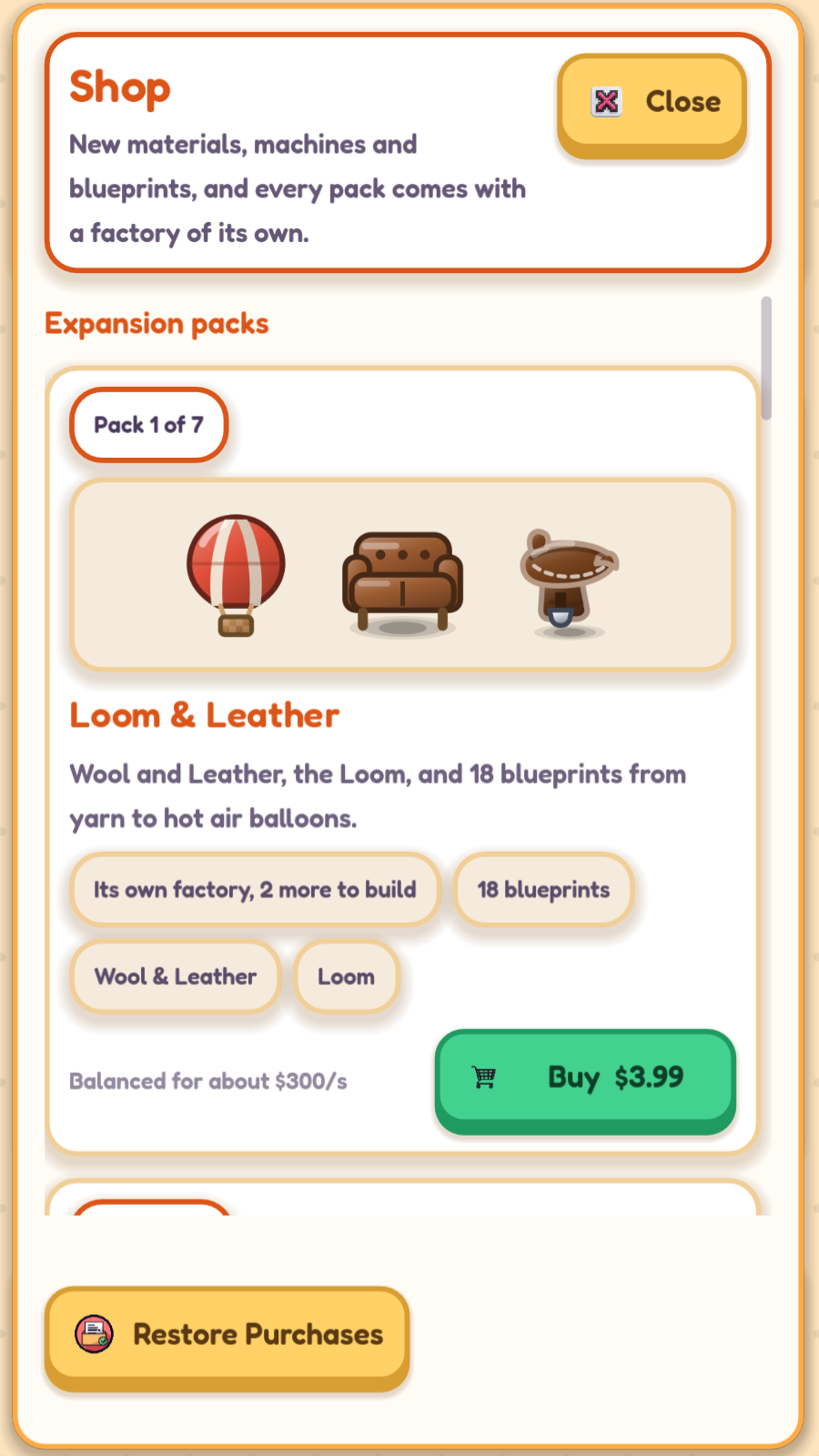 The Shop open on Loom & Leather, pack 1 of 7: a shelf showing a hot air balloon, an armchair and a saddle, chips for its own factory, 18 blueprints, Wool and Leather and the Loom, and a Buy button.
