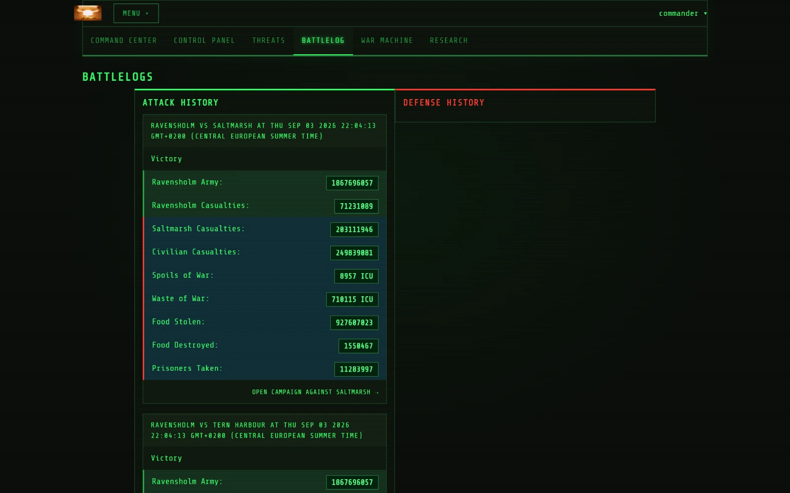 The Battlelogs screen, split into attack history and defense history. The attack column records a victory against Saltmarsh with army sizes, casualties on both sides, civilian casualties, spoils and waste of war in industrial units, food stolen and destroyed, and prisoners taken.